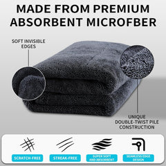 Microfiber Towels for Cars - 1300GSM X Large Size Double Twisted Loop 2pcs - 70/30 Blend Quick Dry High Absorbent Edgeless Streak Free - Car Drying Towel for Detailing 24x36″ & 12x12 (Dark Grey)