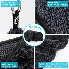 Microfiber Towels for Cars - 1300GSM X Large Size Double Twisted Loop 2pcs - 70/30 Blend Quick Dry High Absorbent Edgeless Streak Free - Car Drying Towel for Detailing 24x36″ & 12x12 (Dark Grey)