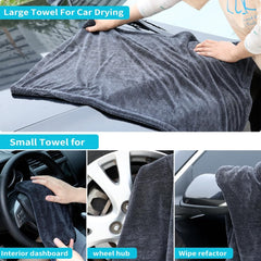 Microfiber Towels for Cars - 1300GSM X Large Size Double Twisted Loop 2pcs - 70/30 Blend Quick Dry High Absorbent Edgeless Streak Free - Car Drying Towel for Detailing 24x36″ & 12x12 (Dark Grey)