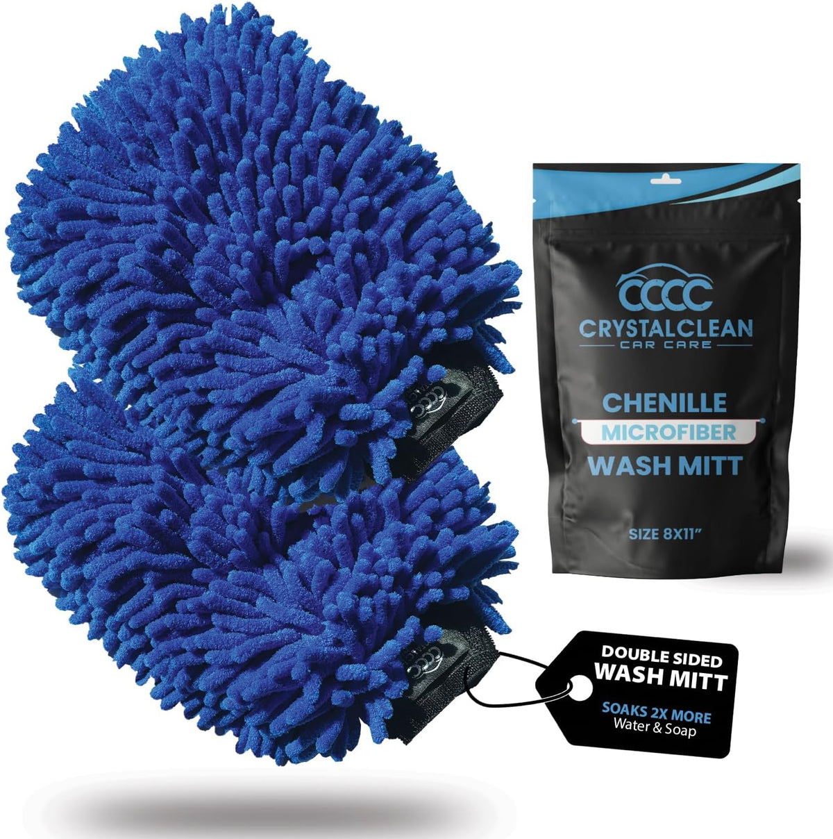 Crystal Clean Microfiber Car Wash Mitt - Pack of 2 Double Sided Scratch Free wash Mitts for Car Washing Detailing - Large Size 11 x 8 inch Waterproof with Inner mesh - Blue