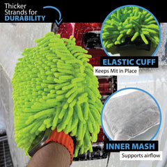 Crystal Clean Microfiber Car Wash Mitt - Pack of 2 Double Sided Scratch Free wash Mitts for Car Washing Detailing - Large Size 11 x 8 inch Waterproof with Inner mesh - Green