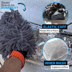 Crystal Clean Microfiber Car Wash Mitt - Pack of 2 Double Sided Scratch Free wash Mitts for Car Washing Detailing - Large Size 11 x 8 inch Waterproof with Inner mesh - Grey